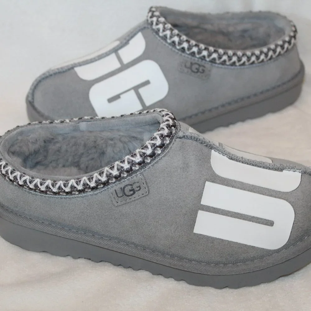 NIB UGG MEN'S TASMAN LOGO SUEDE SHEARLING SLIP ON SLIPPERS GRAY‎